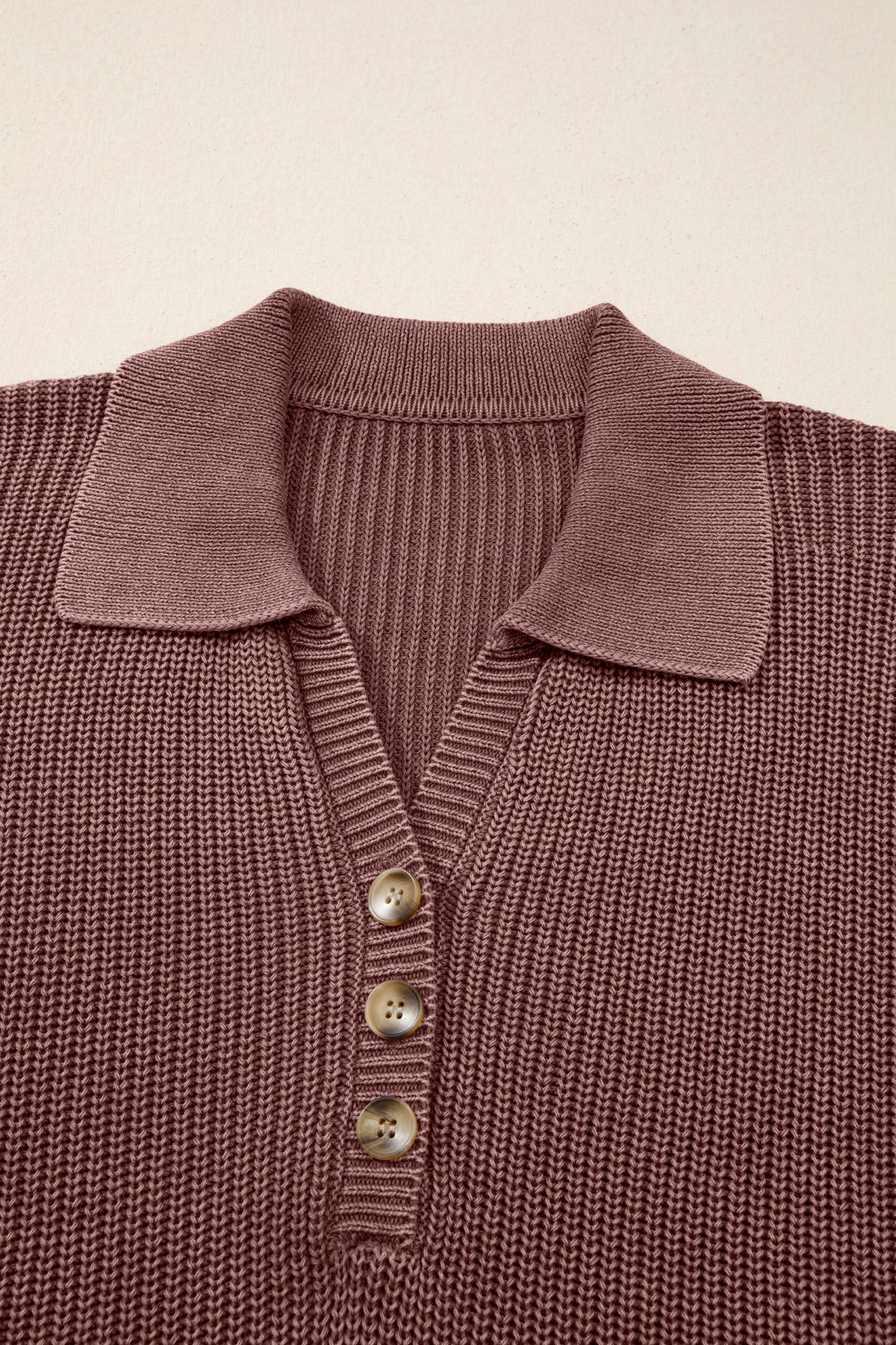 Dark Brown Mineral Washed Knit Button Polo Collar Loose Sweater