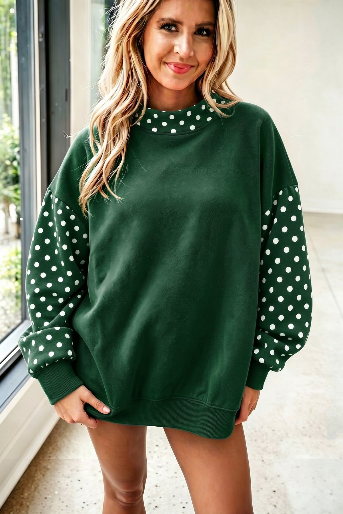 Navy Blue Polka Dot Contrast Round Neck Long Sleeve Baggy Sweatshirt