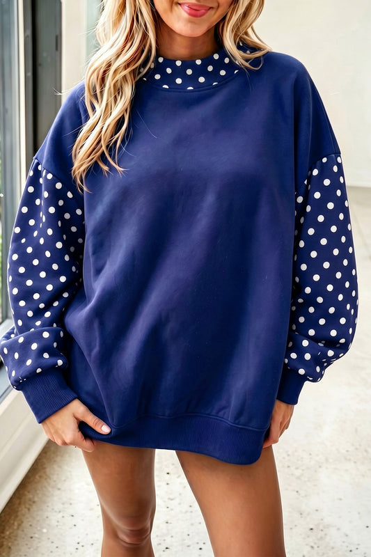 Navy Blue Polka Dot Contrast Round Neck Long Sleeve Baggy Sweatshirt