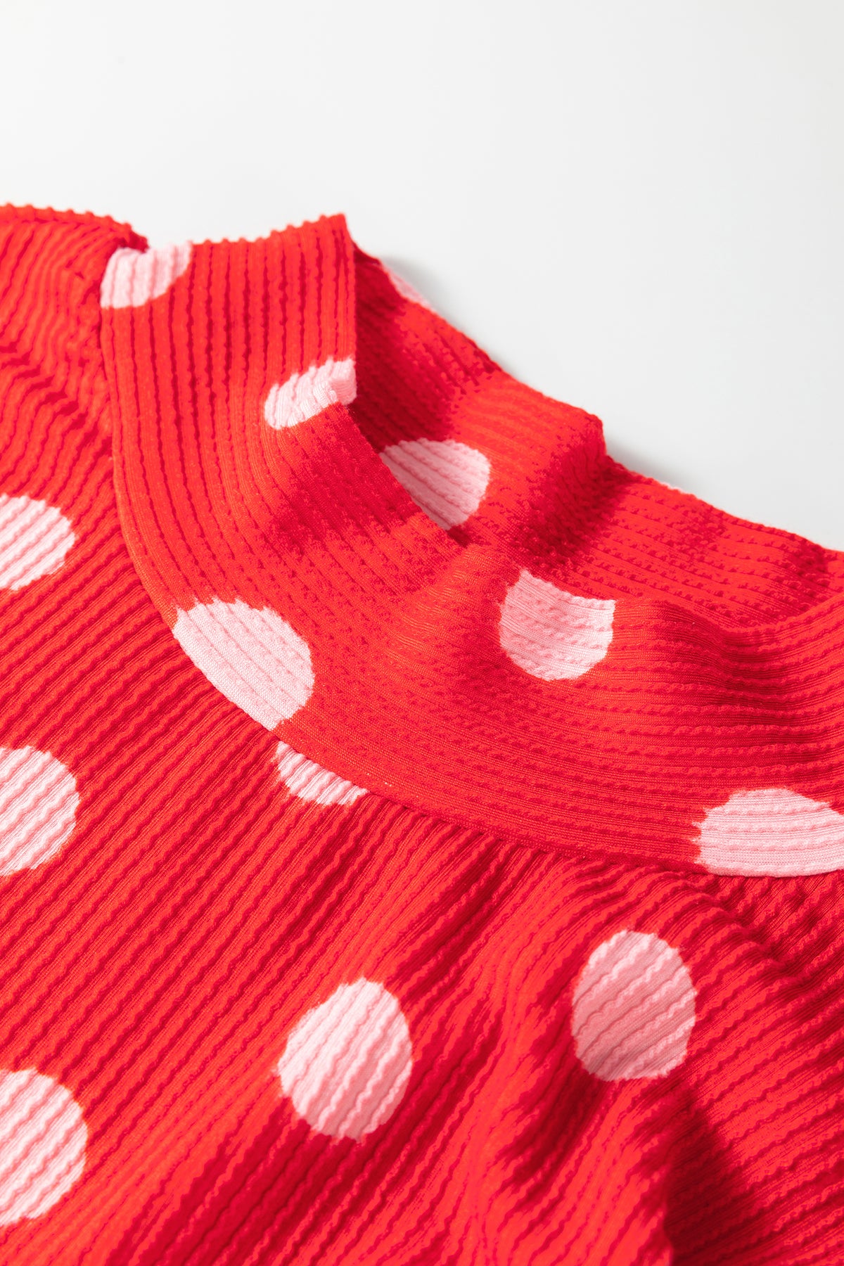 Red Polka Dot Ribbed Knit Mock Neck Pullover Two Piece Pants Set