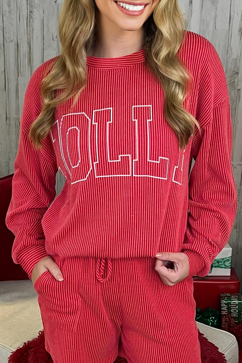 Racing Red Twisted Rib Outlined Merry Letter Graphic Loose Long Sleeve Top