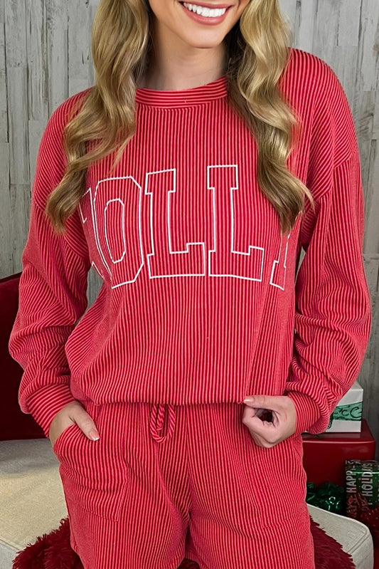 Racing Red Twisted Rib Outlined Merry Letter Graphic Loose Long Sleeve Top