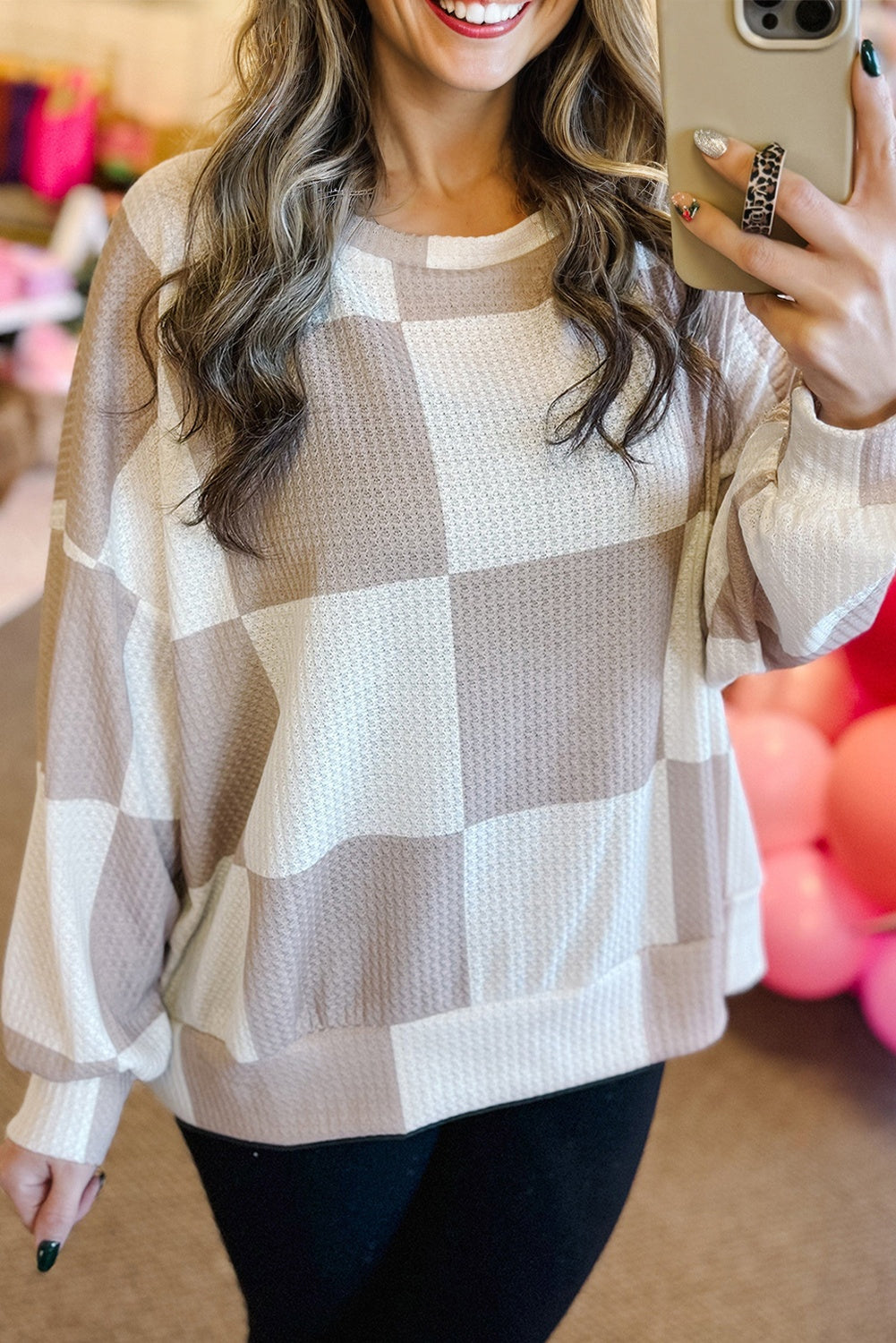 Khaki Checkered Print Breathable Textured Long Sleeve Top