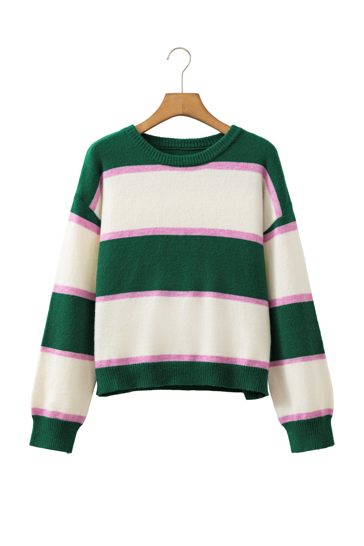Blackish Green Striped Color Block Knit Dropped Shoulder Loose Pullover Sweater