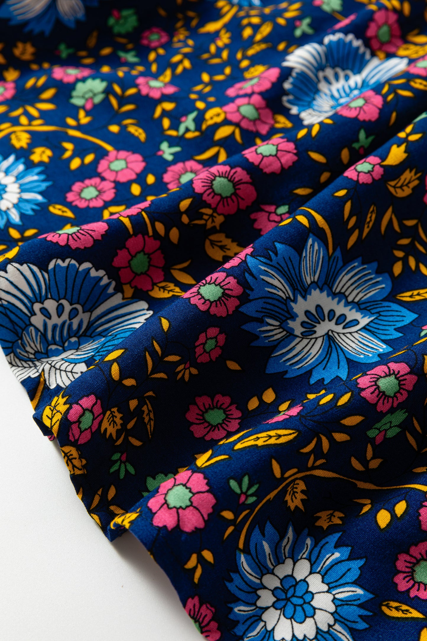 Blue Bohemian Floral Print Tassel Tie Front Long Sleeve Blouse