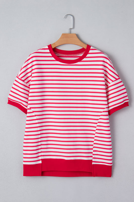 Red Stripe Drop Shoulder Half Sleeve T Shirt