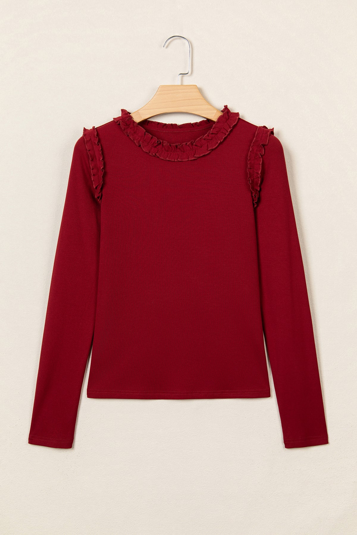 Black Solid Color Round Neck Frill Detail Long Sleeve Top