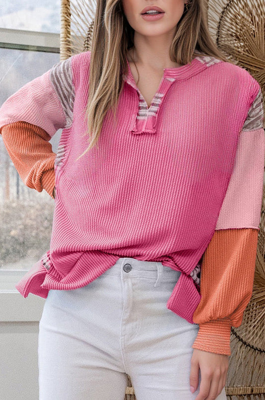 Rose Red Corded Texture Plaid Colorblock Patchwork Split Neck Long Sleeve Top