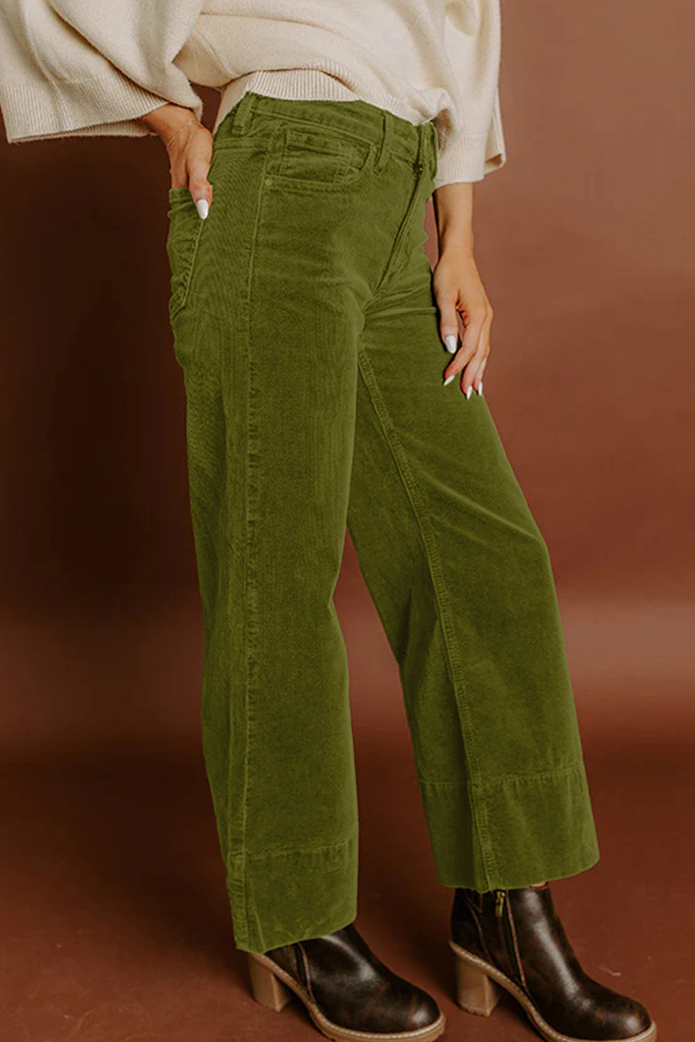 Vineyard Green Corduroy Solid Color High Waist Wide Leg Pants