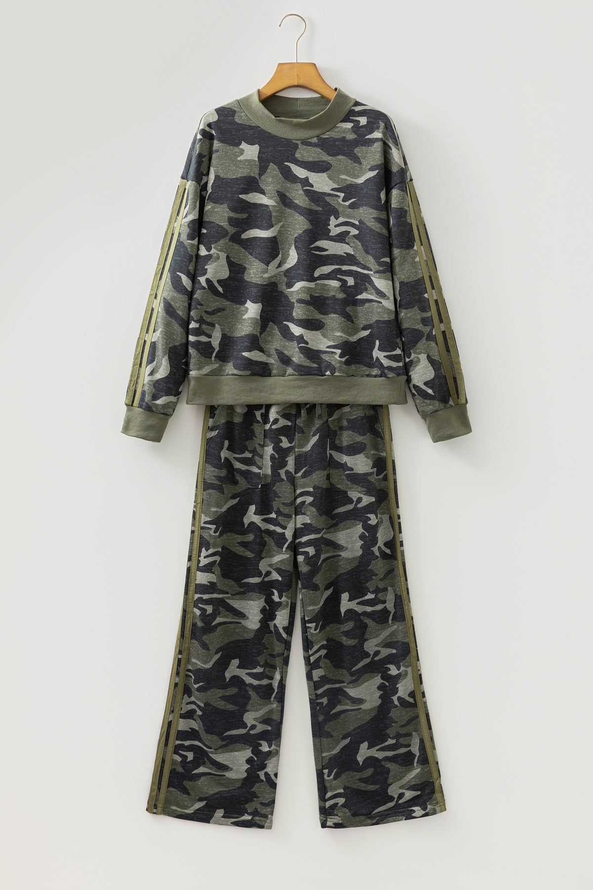 Multicolour Camouflage Patchwork Striped Detail Long Sleeve Top Casual Pants Set