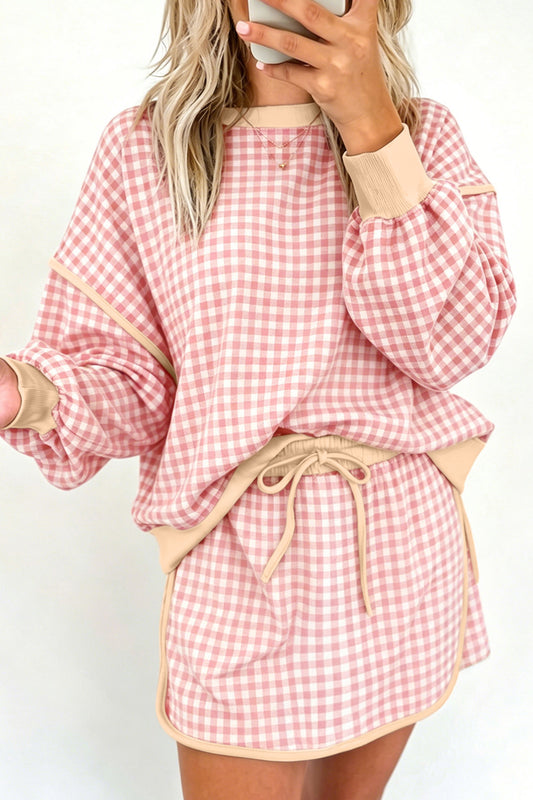Green Gingham Oversized Ribbed Trim Crew Neck Long Sleeve Top and Skort Set