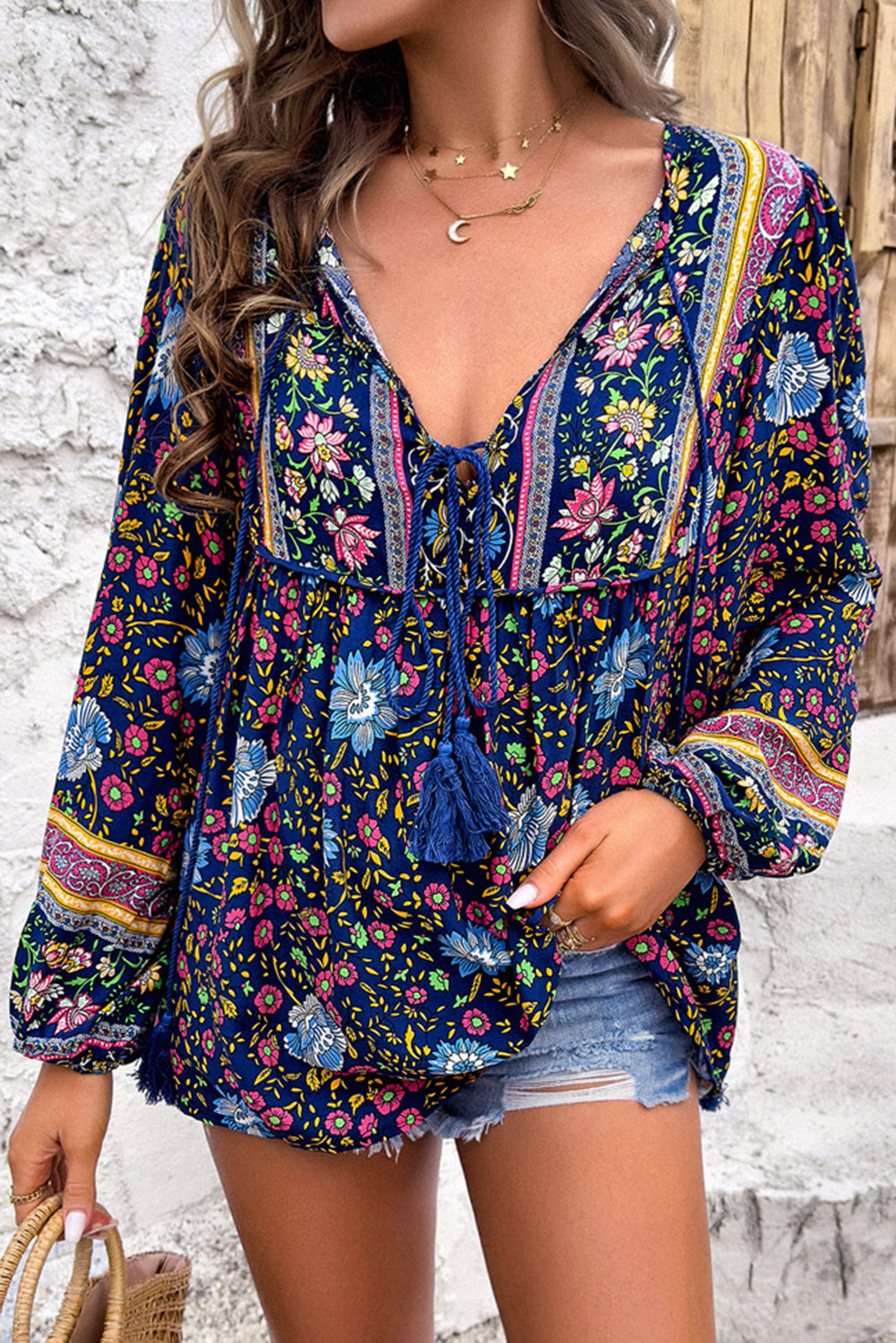 Blue Bohemian Floral Print Tassel Tie Front Long Sleeve Blouse