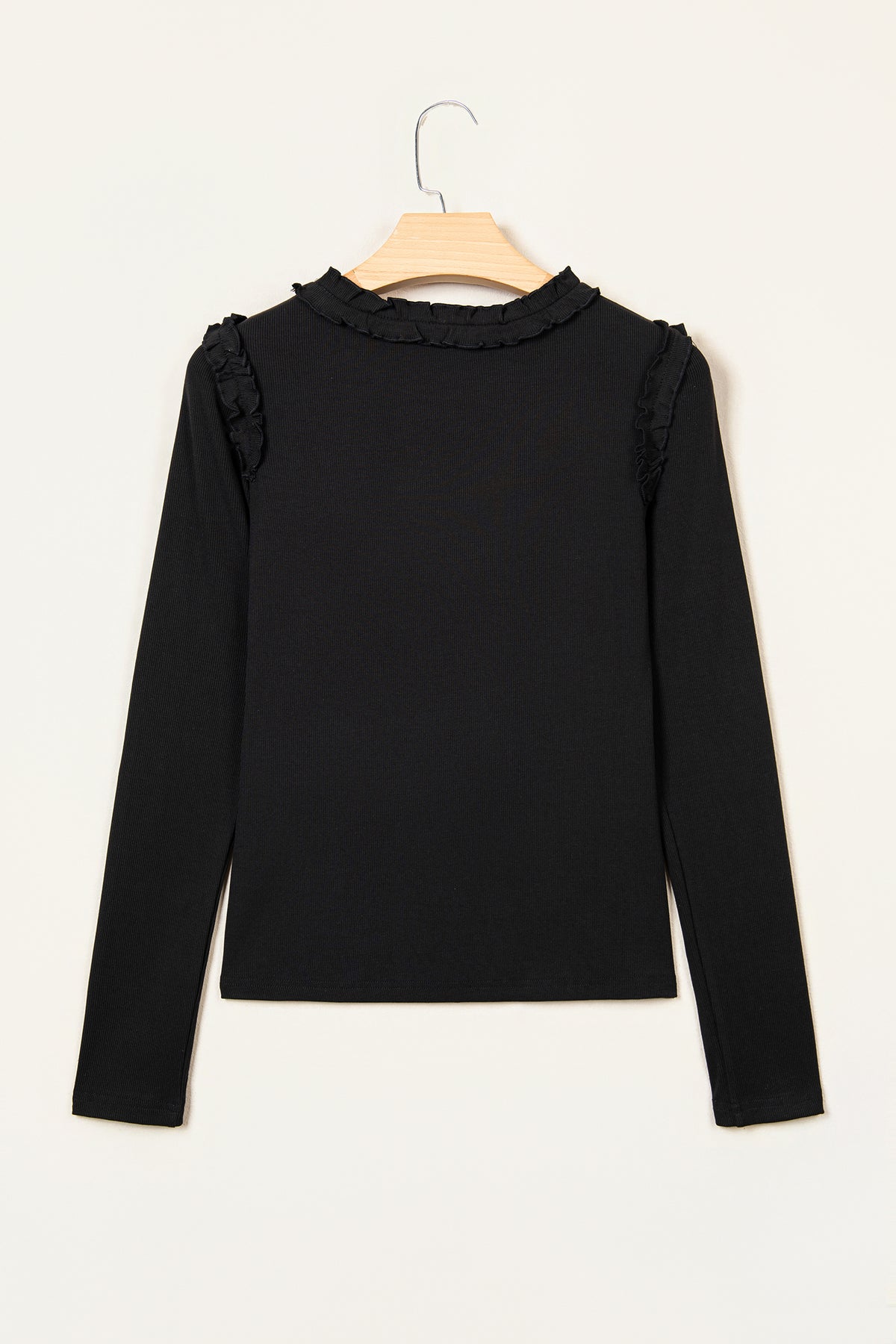 Black Solid Color Round Neck Frill Detail Long Sleeve Top