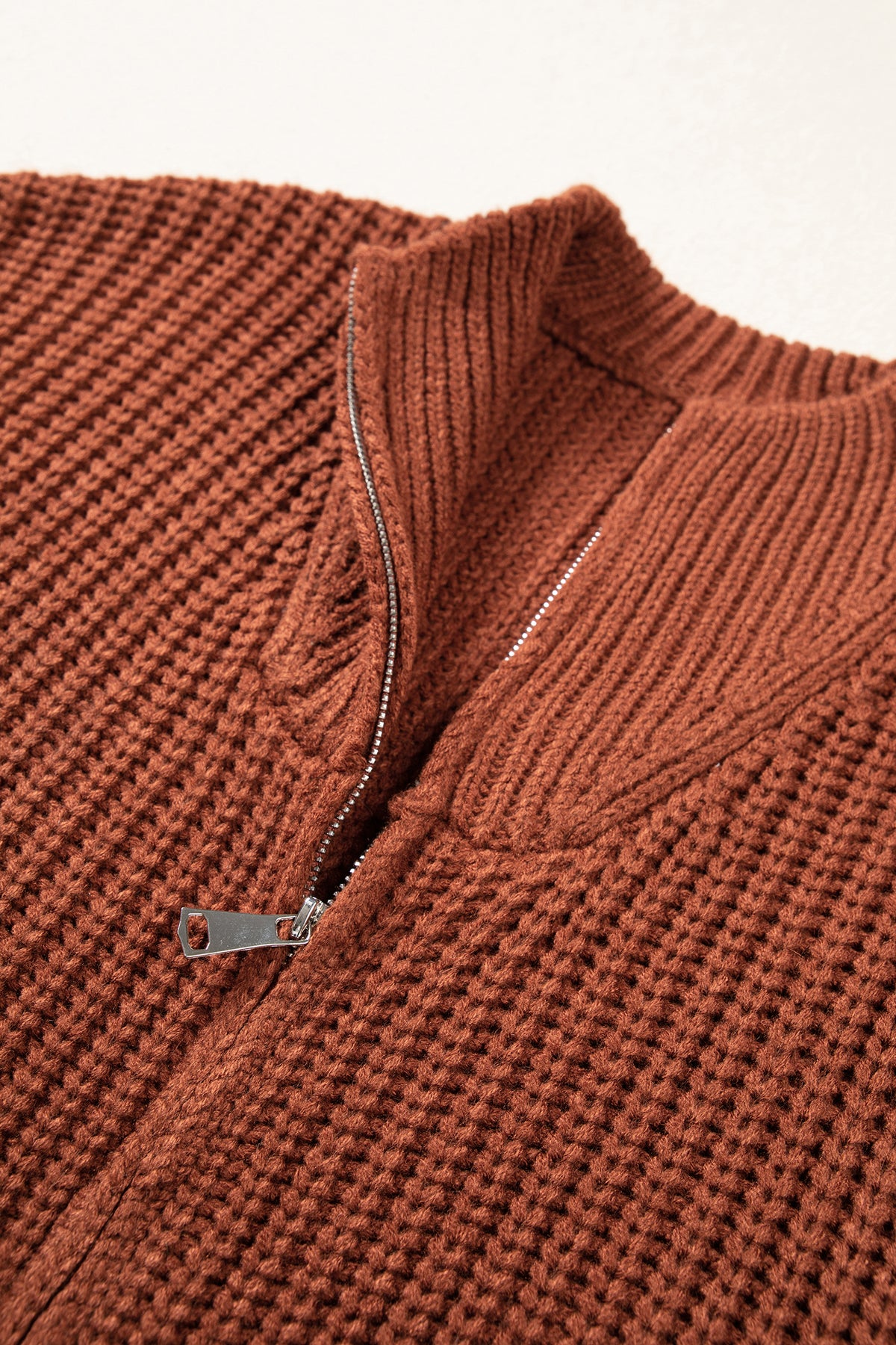 Cinnamon Solid Color Short Sleeve Zipper Knit High Neck Sweater
