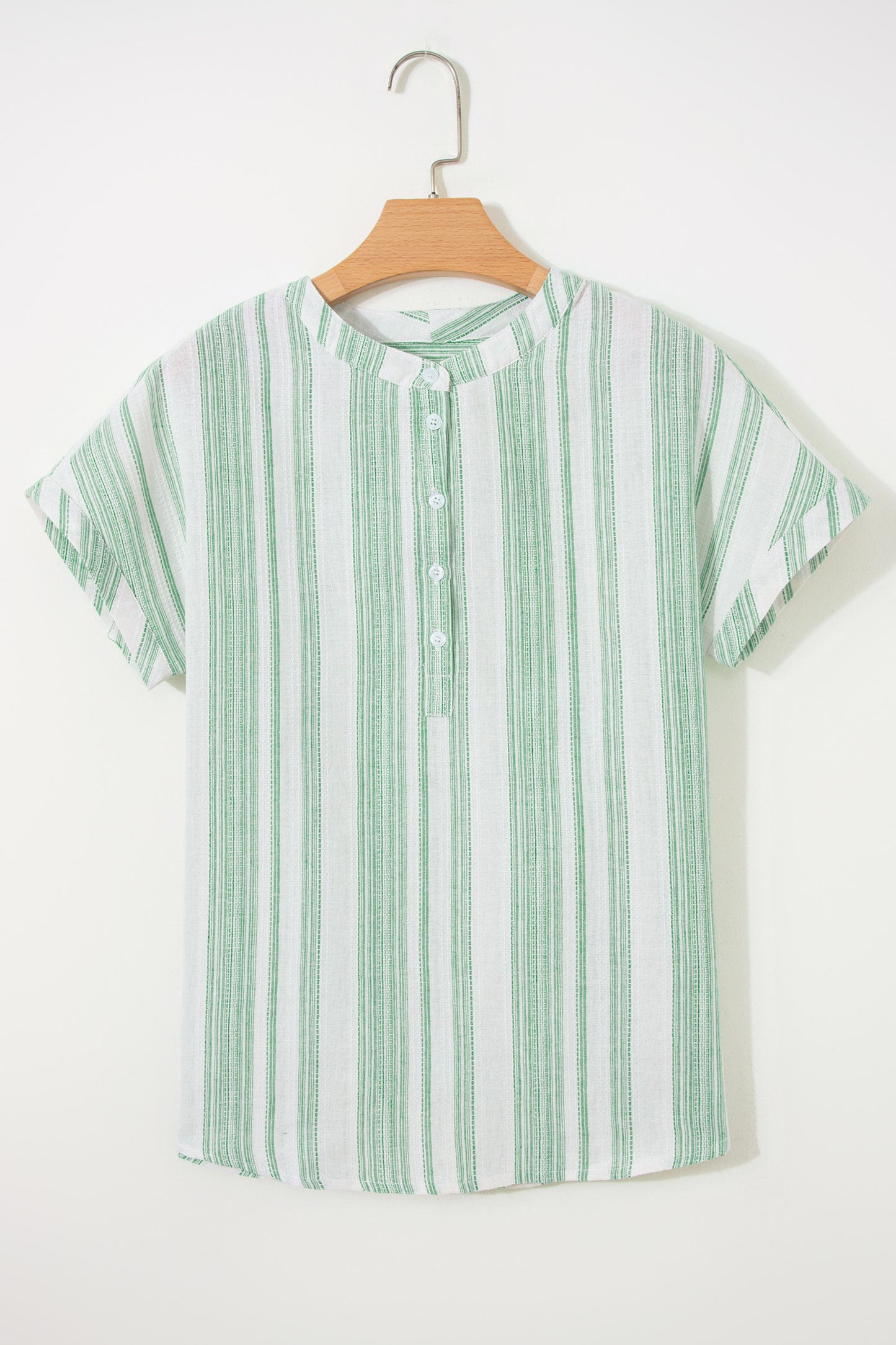 Green Breathable Gauze Half Button Short Sleeve Casual Blouse