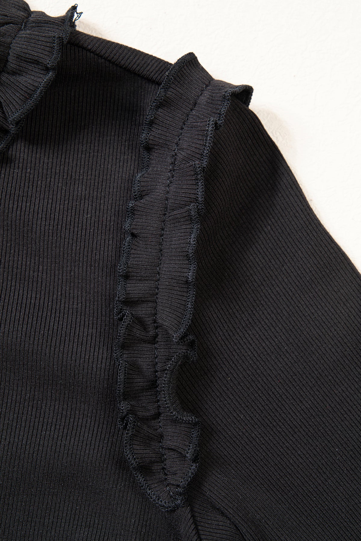 Black Solid Color Round Neck Frill Detail Long Sleeve Top