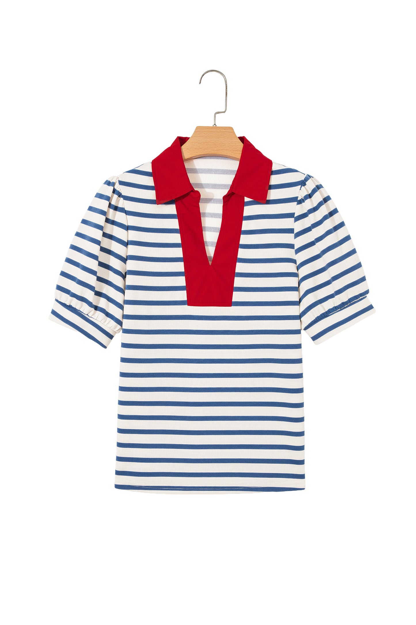 Blue Stripe Short Puff Sleeve Color Block Polo Collar Blouse