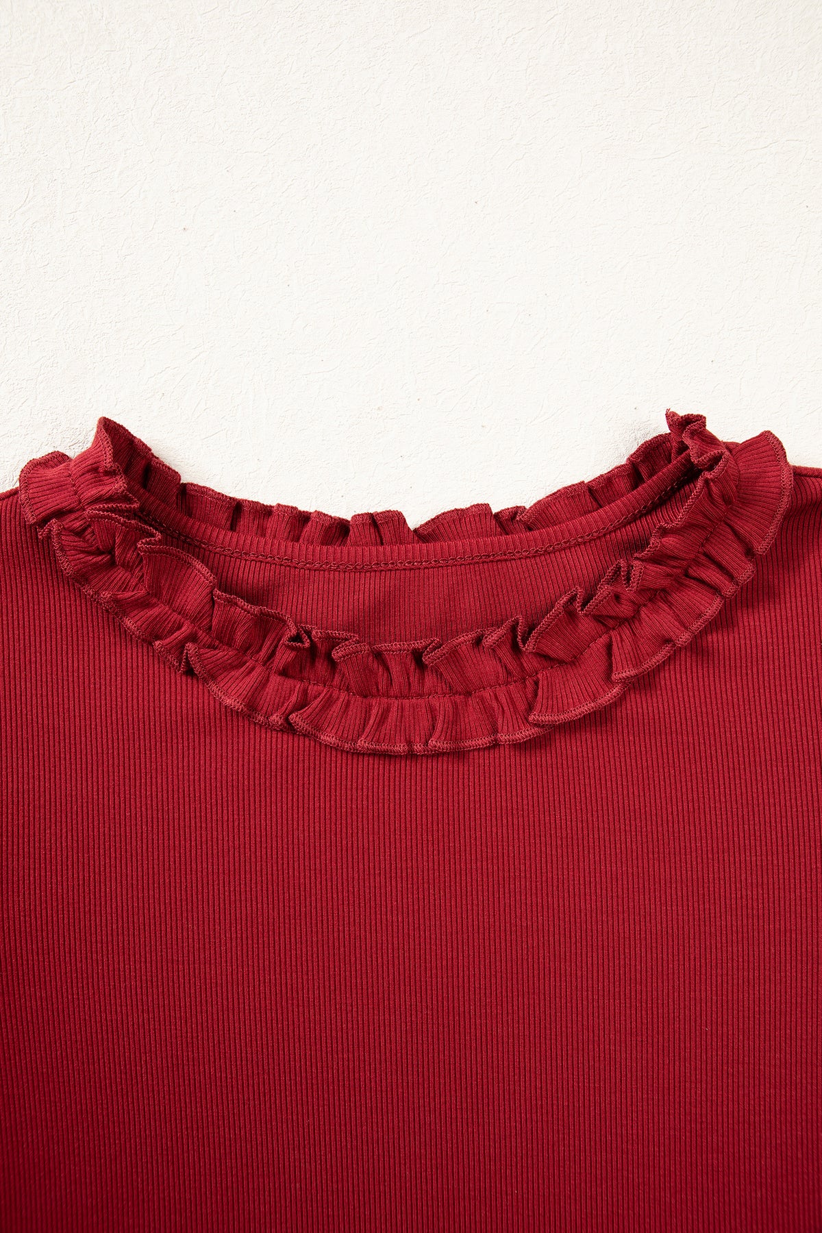 Black Solid Color Round Neck Frill Detail Long Sleeve Top