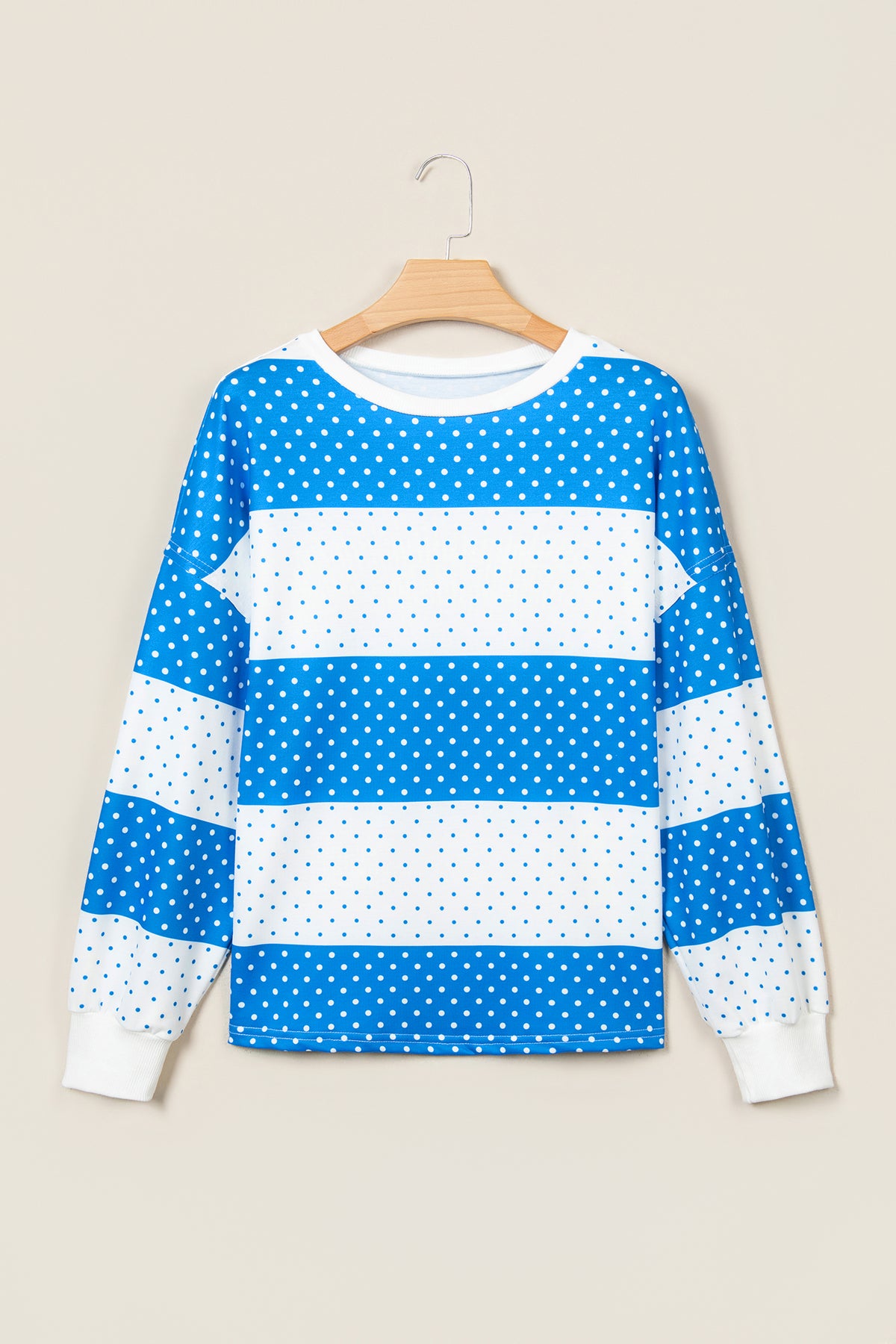 Blue Polka Dot Patchwork Colorblock Long Sleeve Top