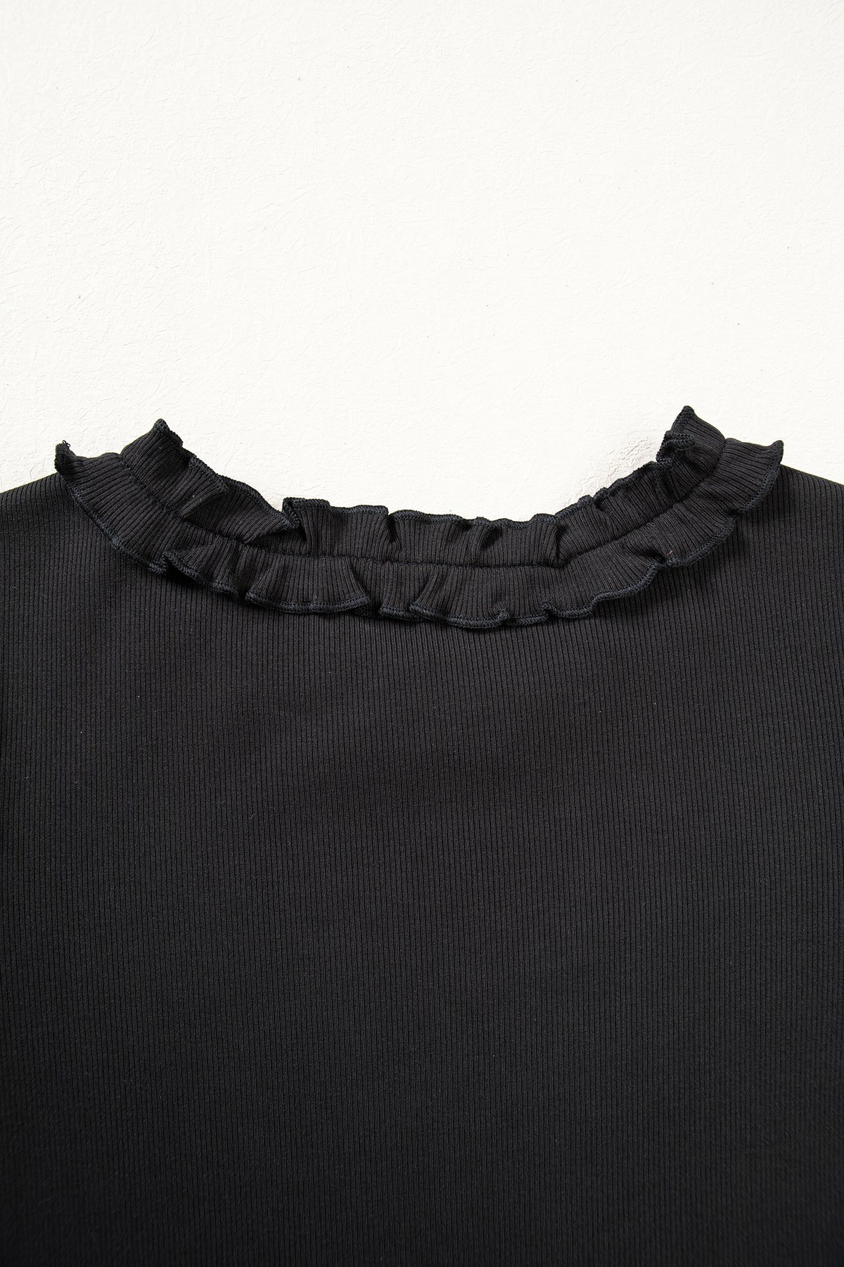Black Solid Color Round Neck Frill Detail Long Sleeve Top