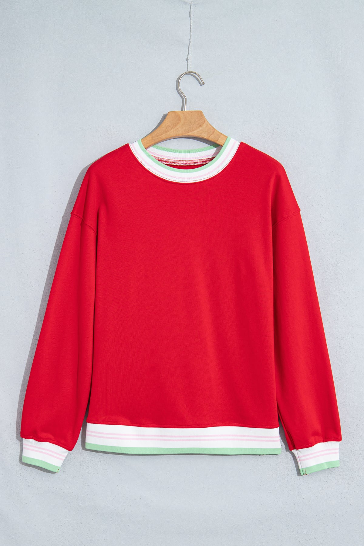 Bright Green Contrast Striped Trim Baggy Pullover Sweatshirt