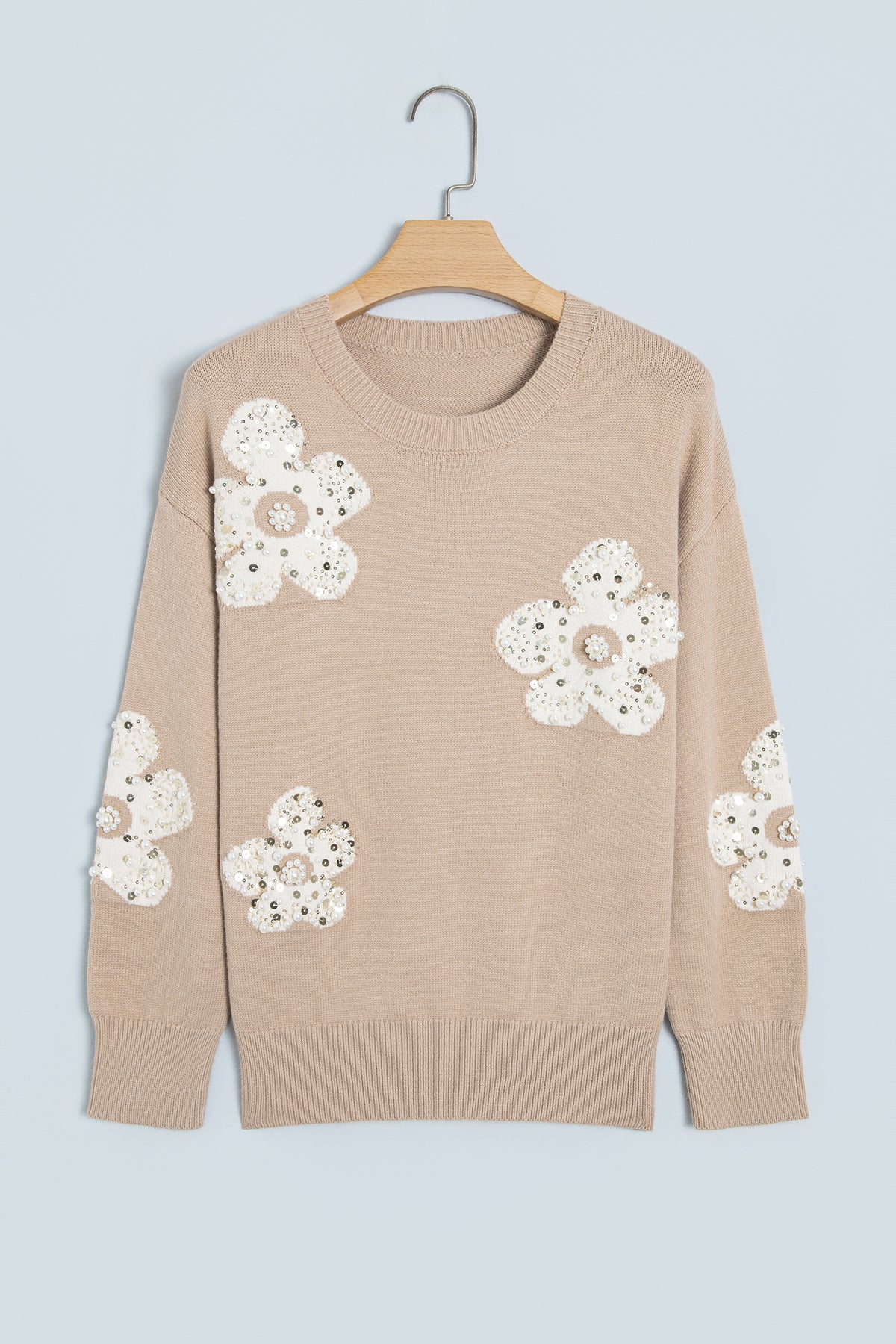 Smoke Gray Beaded Floral Patchwork Ribbed Trim Round Neck Sweater