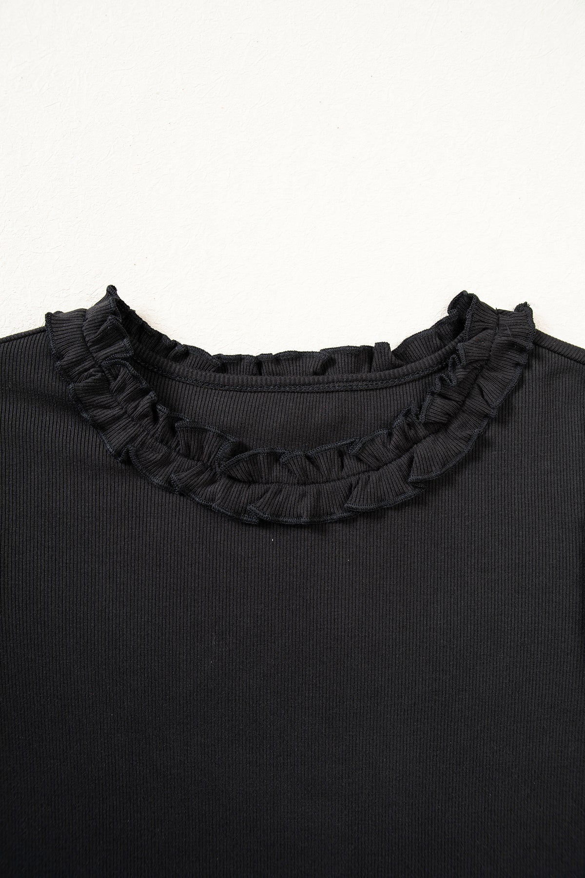 Black Solid Color Round Neck Frill Detail Long Sleeve Top