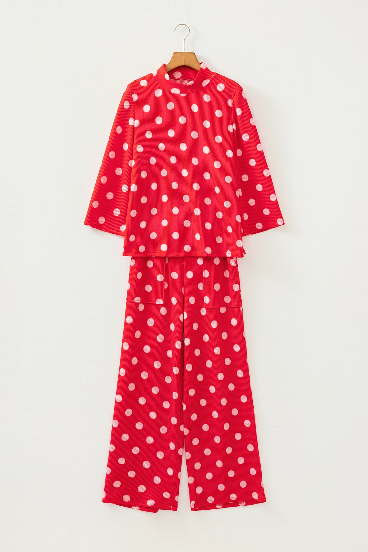 Red Polka Dot Ribbed Knit Mock Neck Pullover Two Piece Pants Set