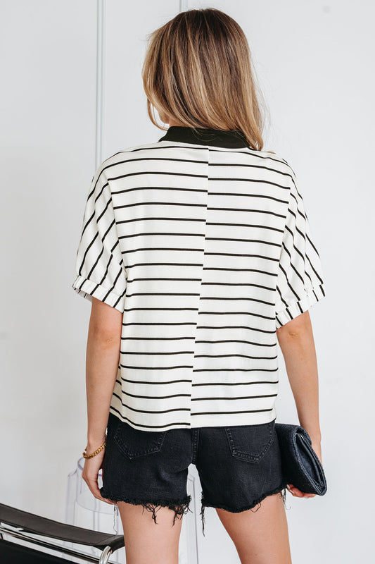 White Stripe Stand Collar V Neck Elastic Cuffs Half Sleeve Dolman Top