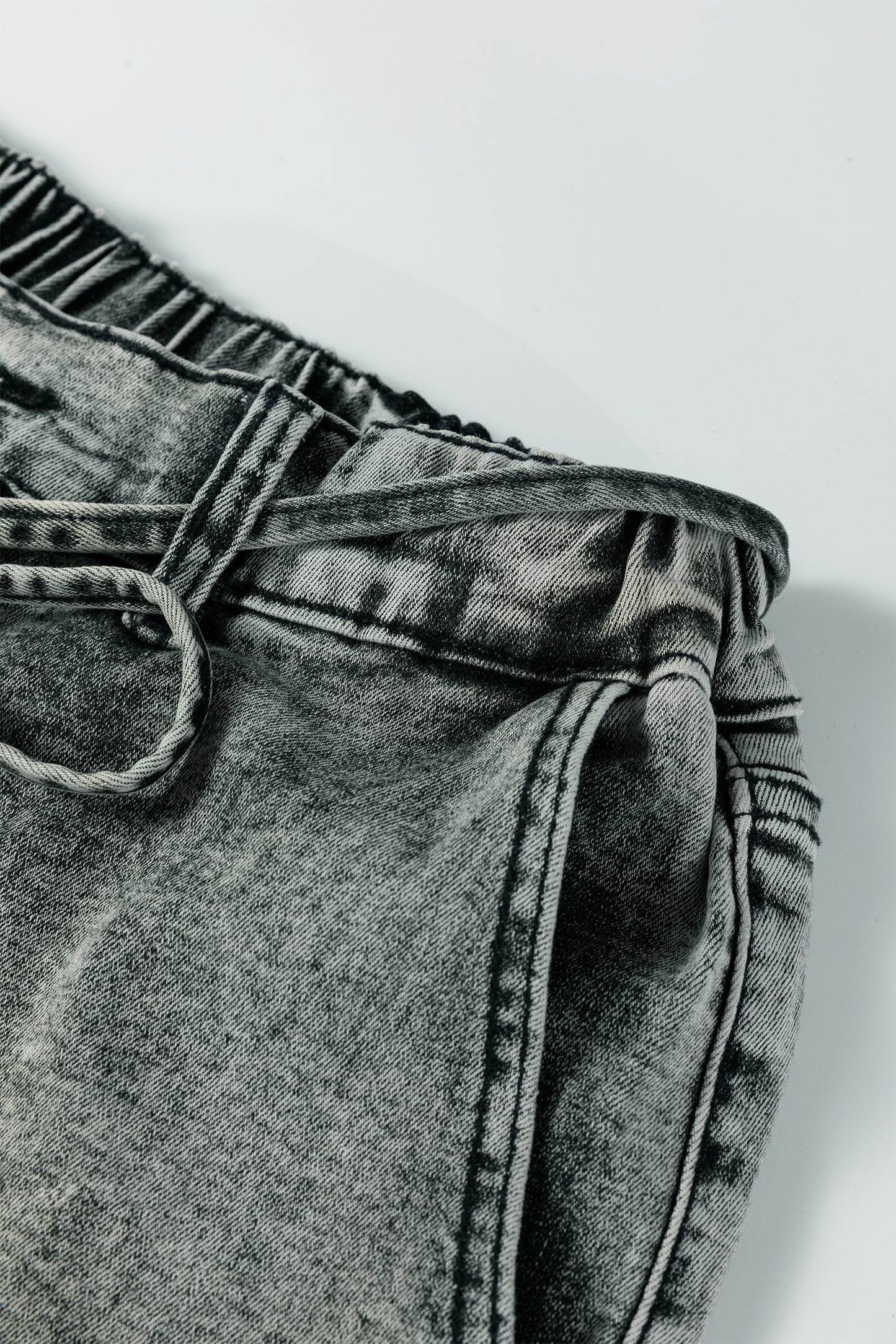 Gray Acid Wash Barrel Fit Denim Pants with Waist String