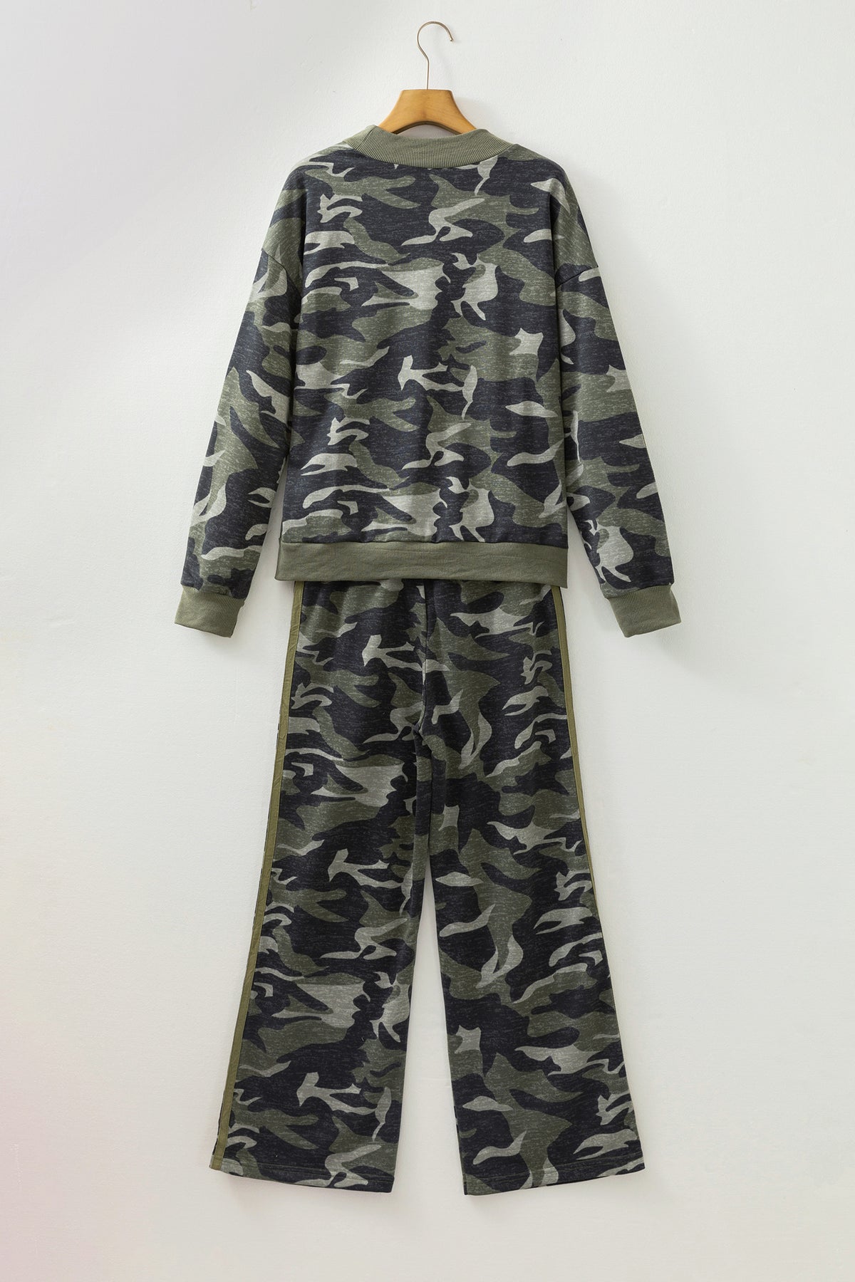 Multicolour Camouflage Patchwork Striped Detail Long Sleeve Top Casual Pants Set