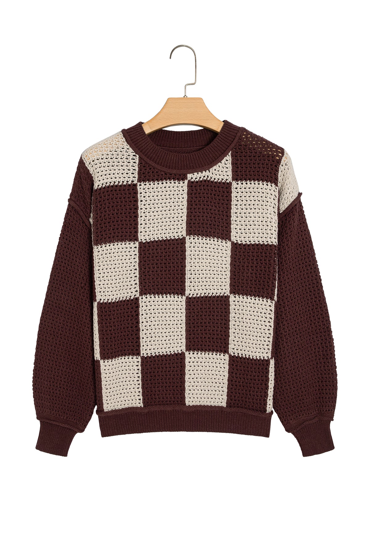 Brown Checkered Pattern Knit Loose Pullover Sweater