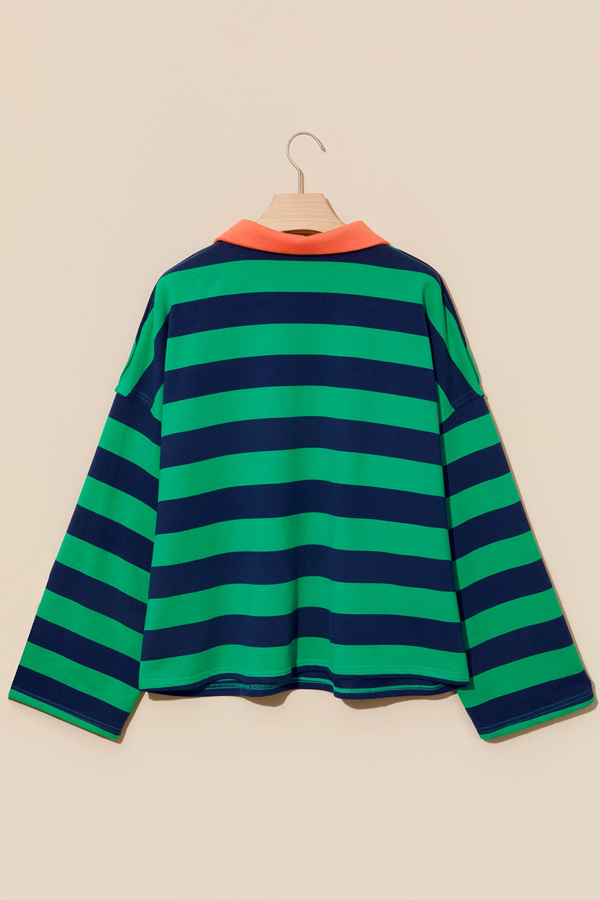 Green Stripe Quarter-Zip Metal Zipper Cover Stitch Hem Top
