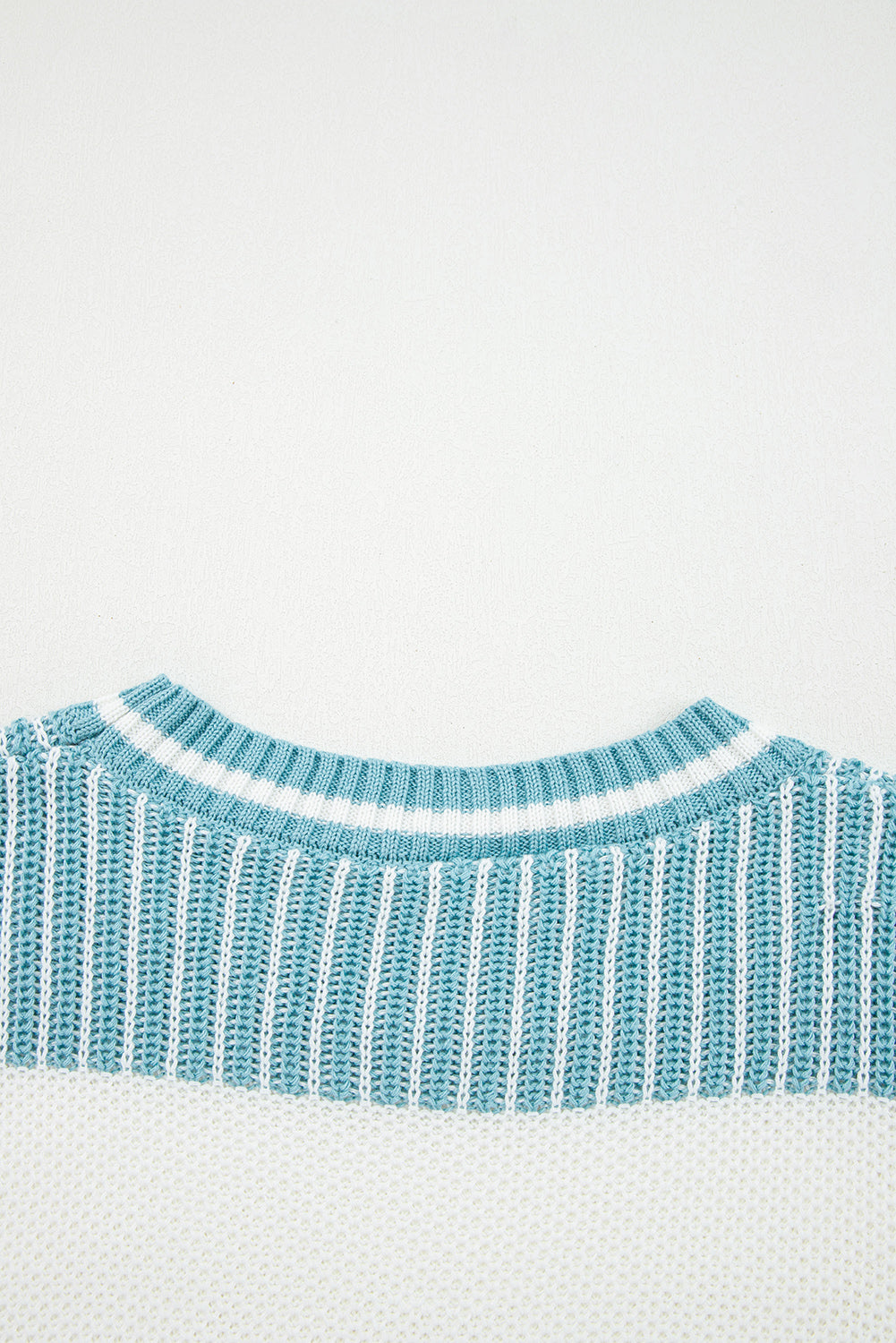 Light Blue Two Tone Striped Patchwork Drop Shoulder Loose Sweater