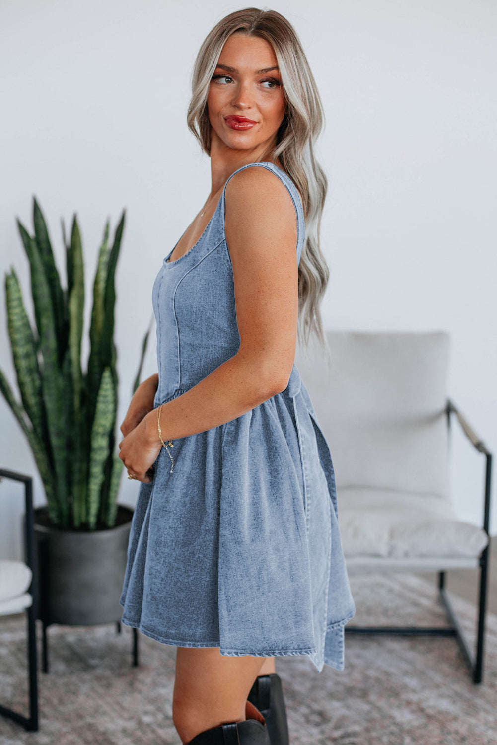 Myosotis Square Neck Bowknot A-line Sleeveless Denim Dress