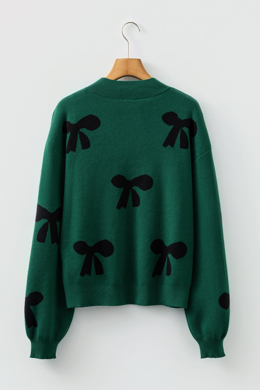 Blackish Green Pearl Embellished Bow Pattern Loose Sweater