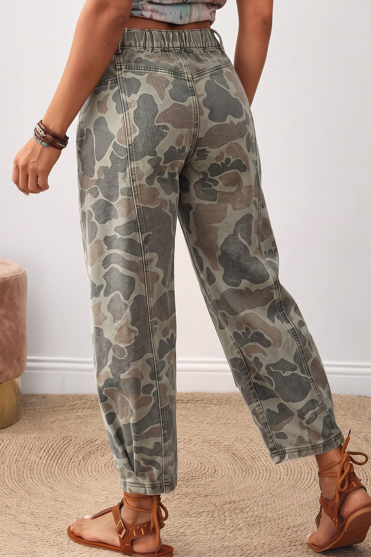 Khaki Camouflage Pattern Patch Detail Casual Jeans