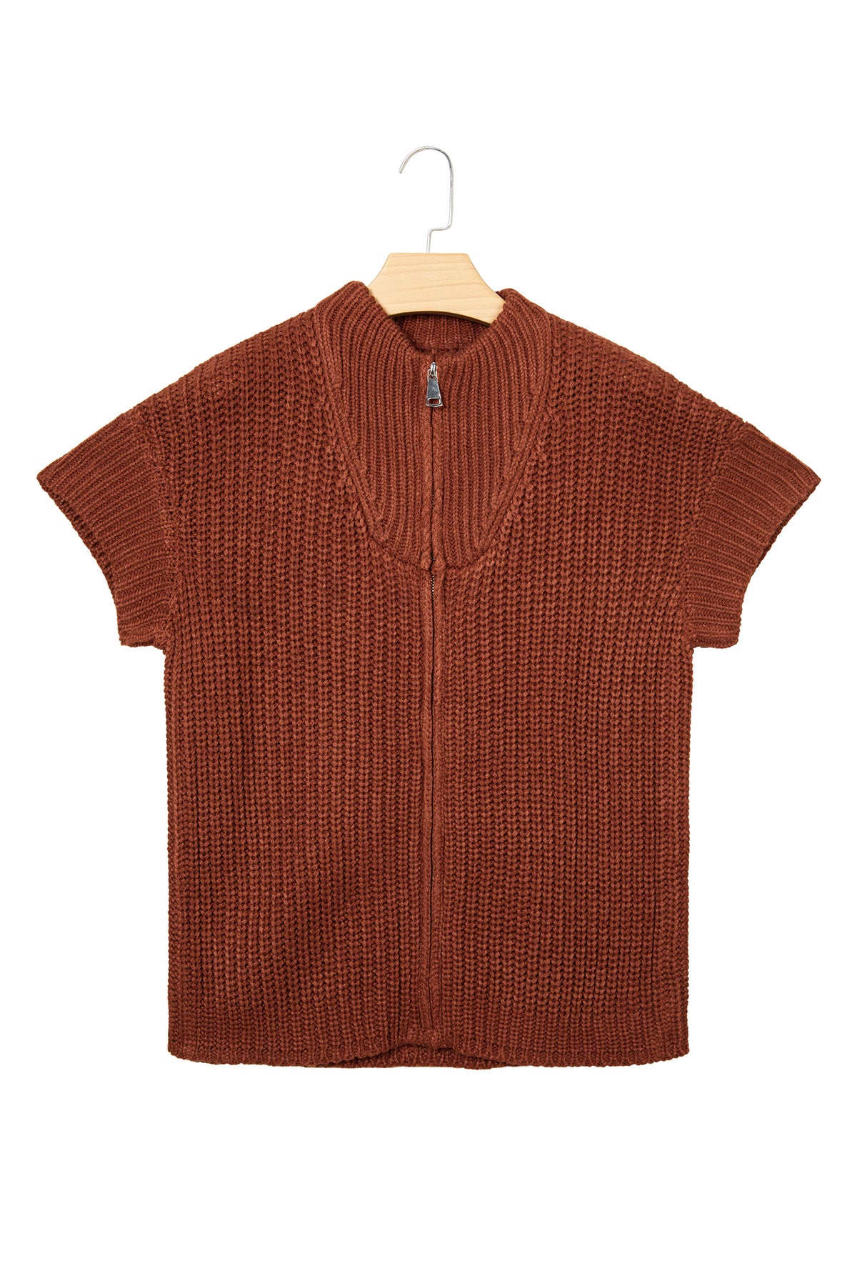 Cinnamon Solid Color Short Sleeve Zipper Knit High Neck Sweater