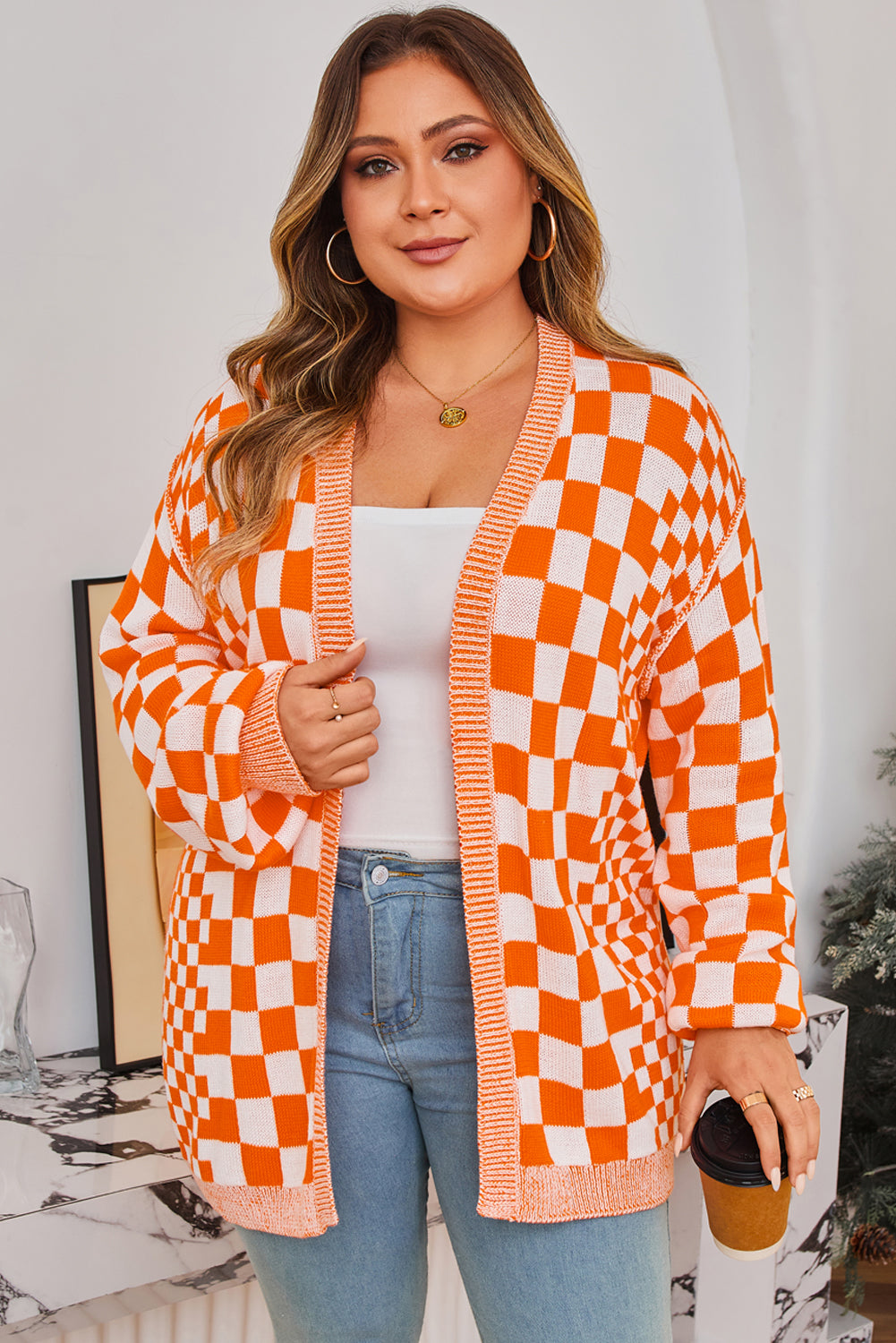 Orange Checkered Bubble Sleeve Drop Shoulder Open Cardigan