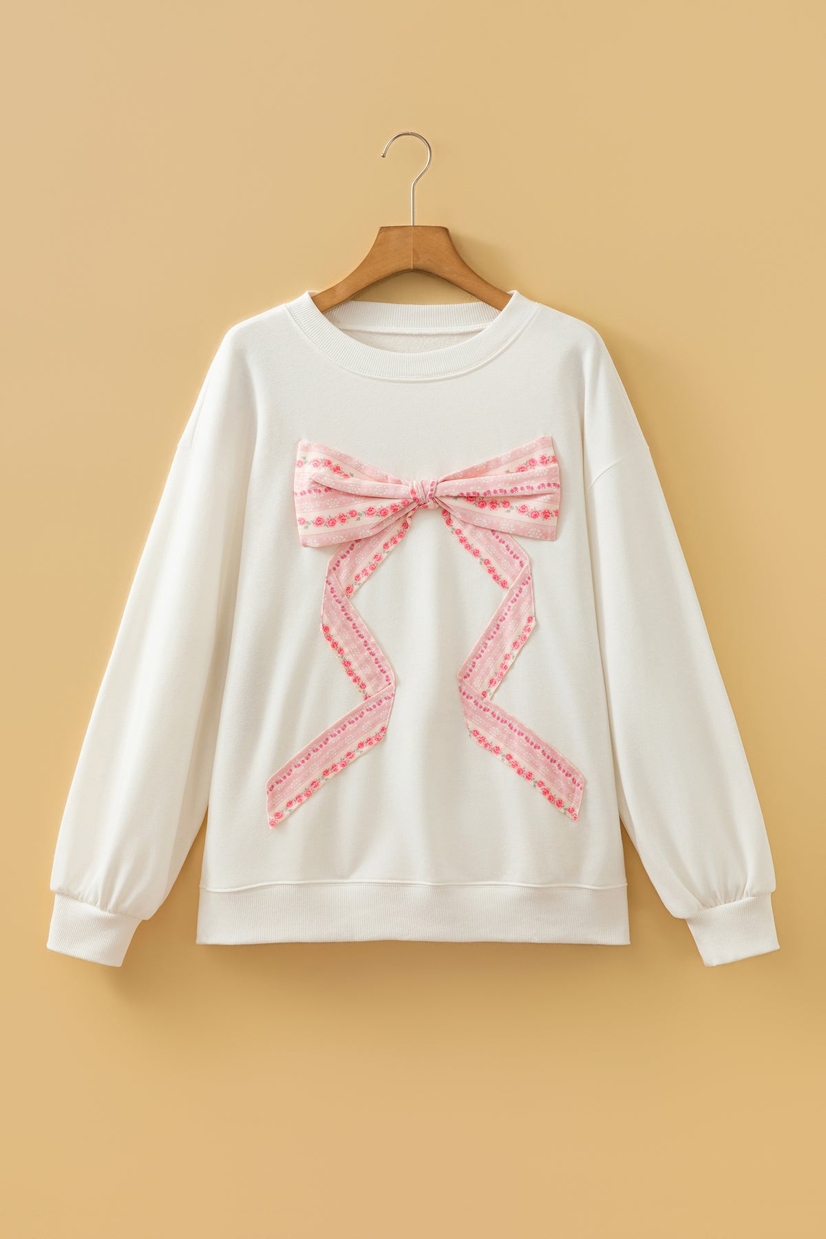 Pink Floral Bow Decoration Drop Shoulder Long Sleeve Top