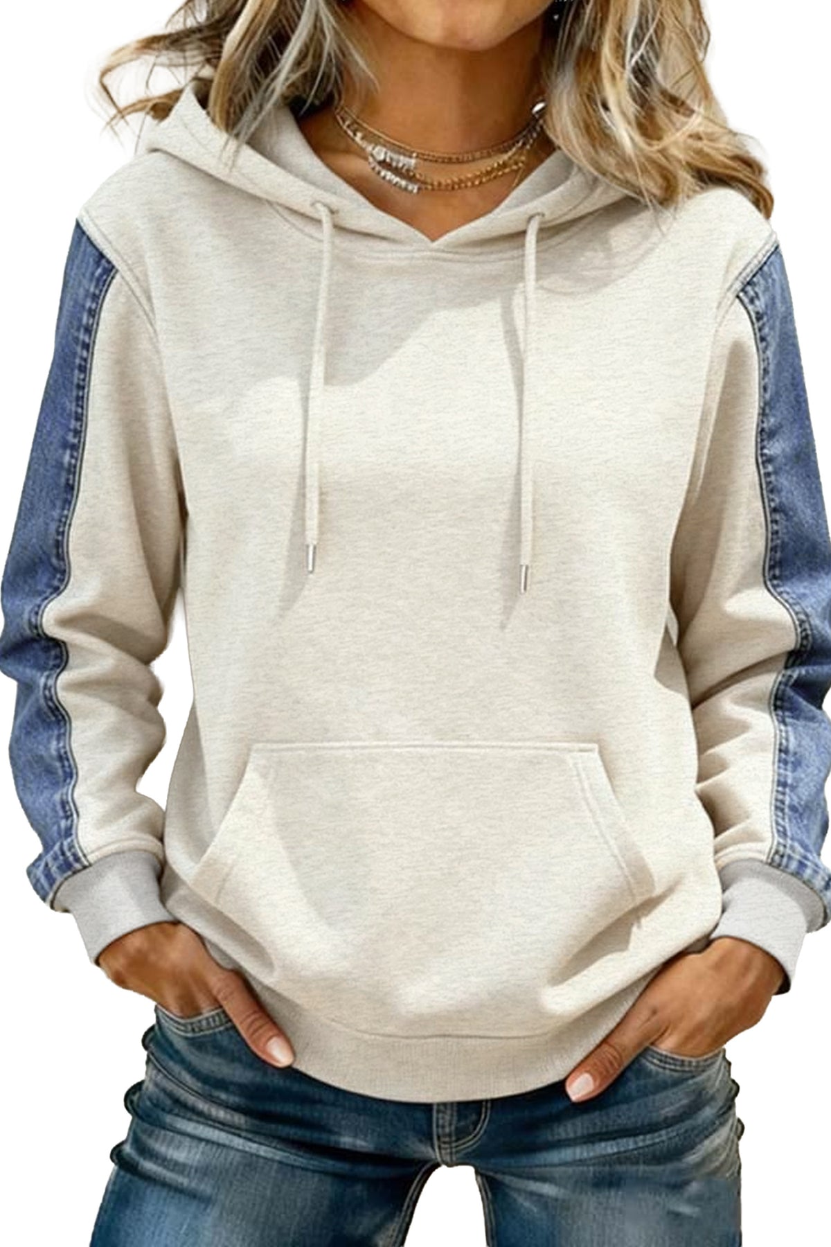 Light Grey Colorblock Denim Sleeve Tunic Pullover Hoodie