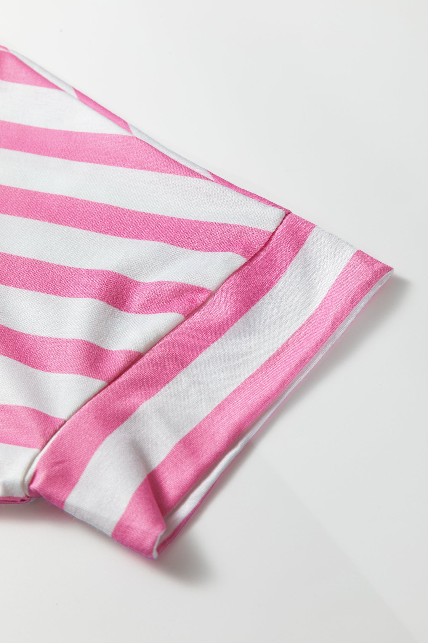 Pink Stripe V Neck Patched Pocket Casual T Shirt