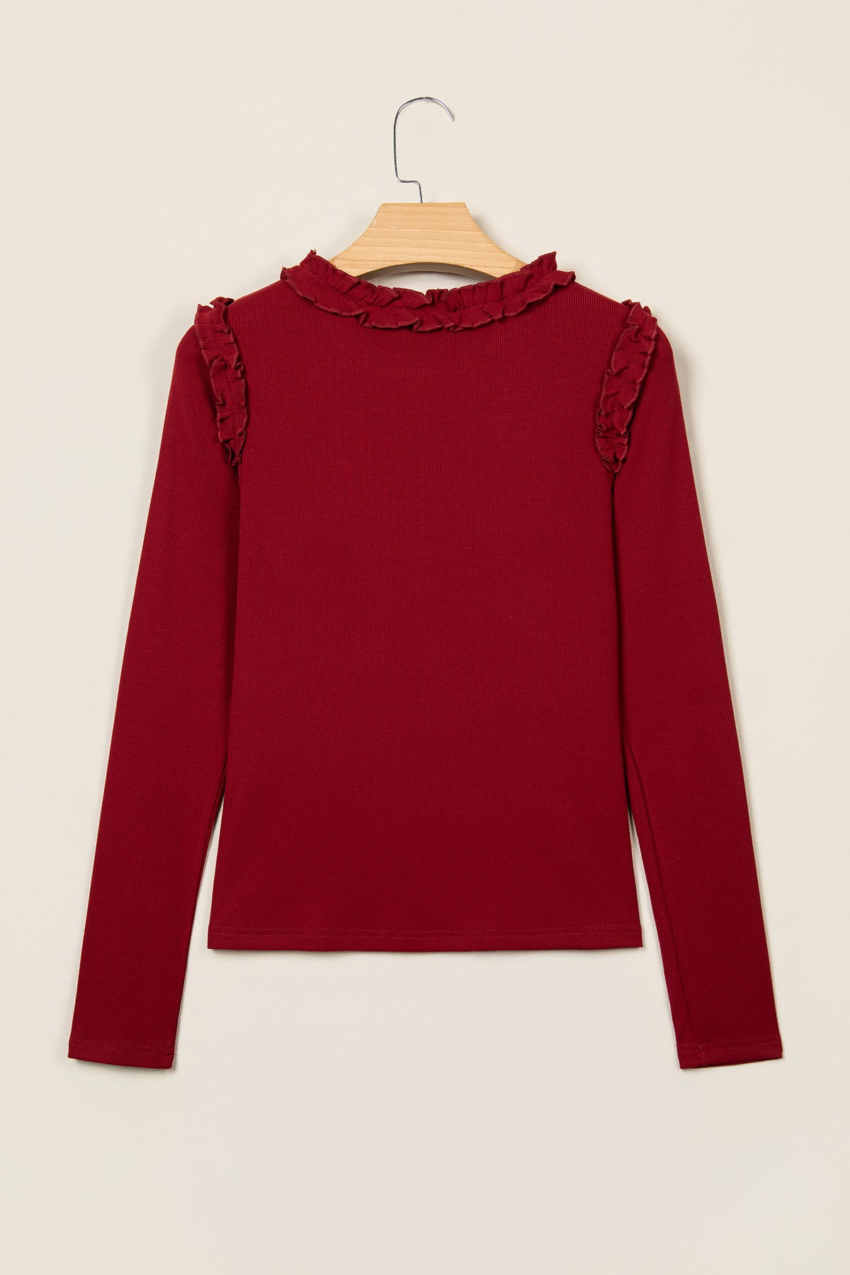 Black Solid Color Round Neck Frill Detail Long Sleeve Top