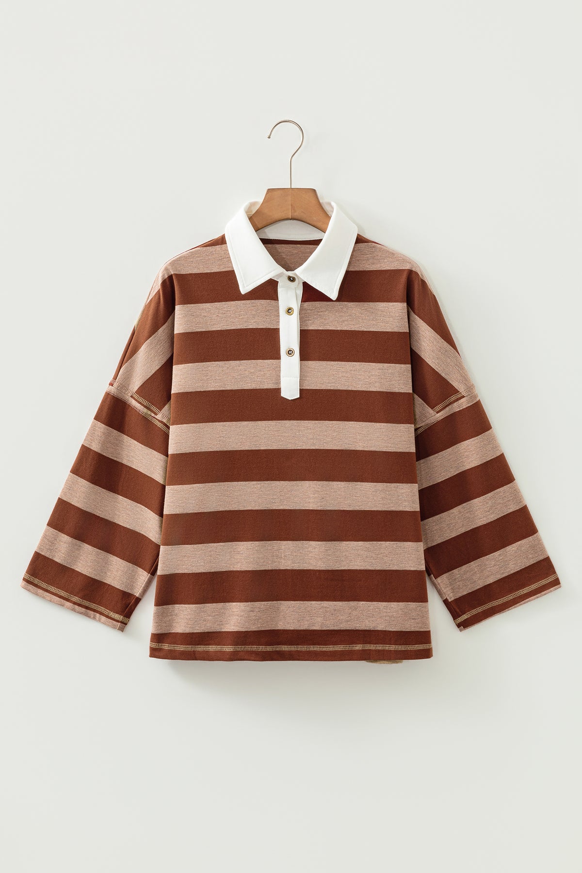 Blue Stripe Contrast Polo Collar Bracelet Sleeve Loose Top