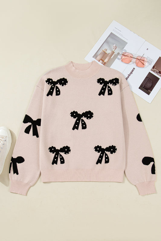Smoke Gray Pearl Embellished Bow Pattern Loose Sweater