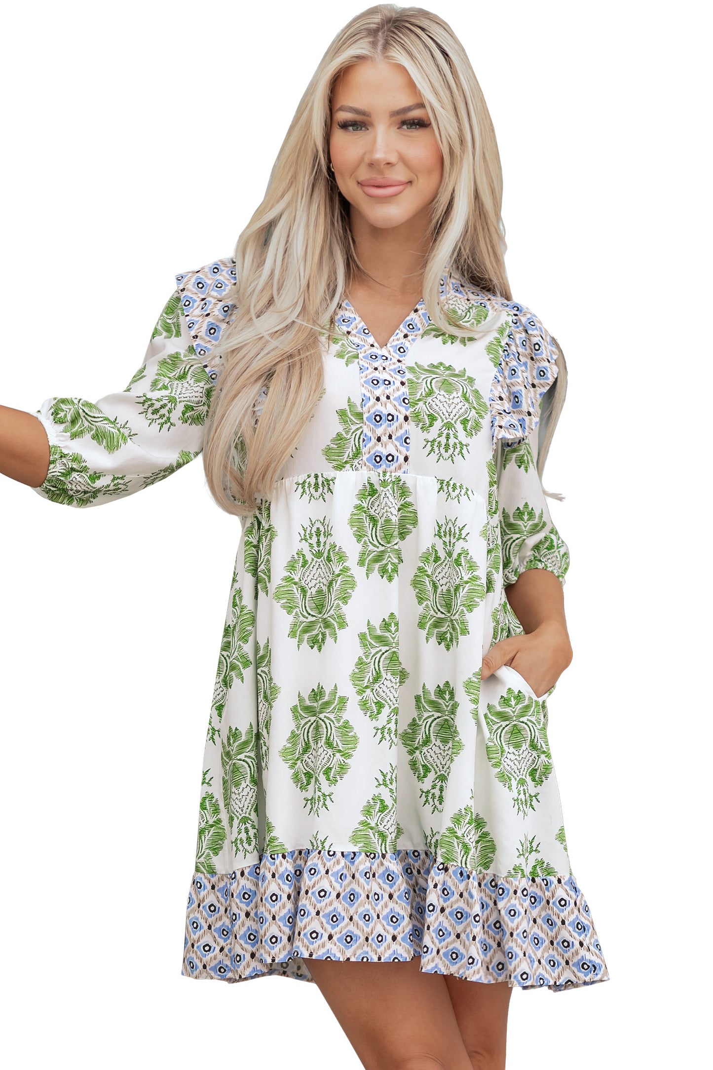 Green Floral Print Contrast Patchwork Ruffle Detail Mini Dress