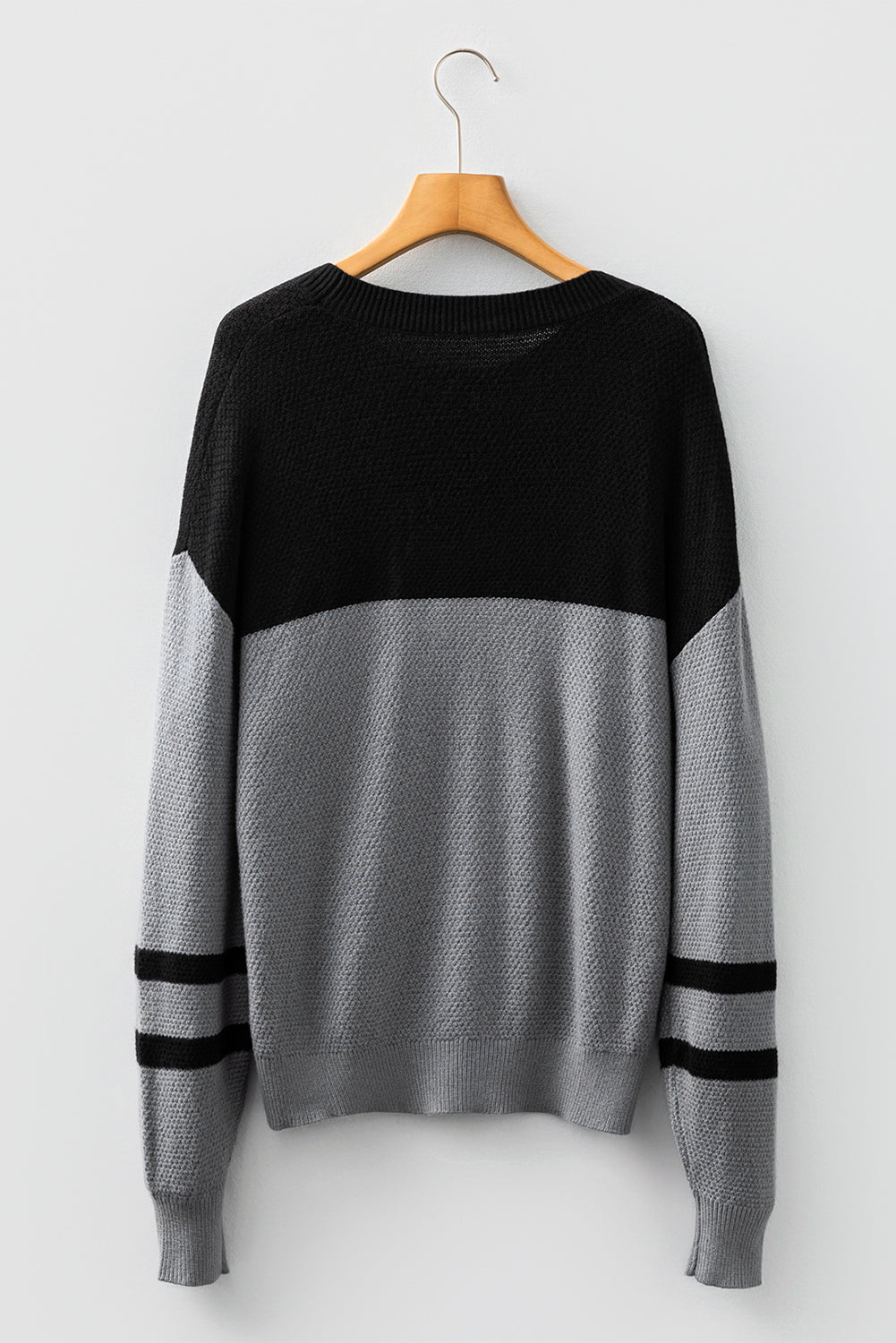 Medium Grey Color Block Knit Striped Sleeve Detail Casual Sweater