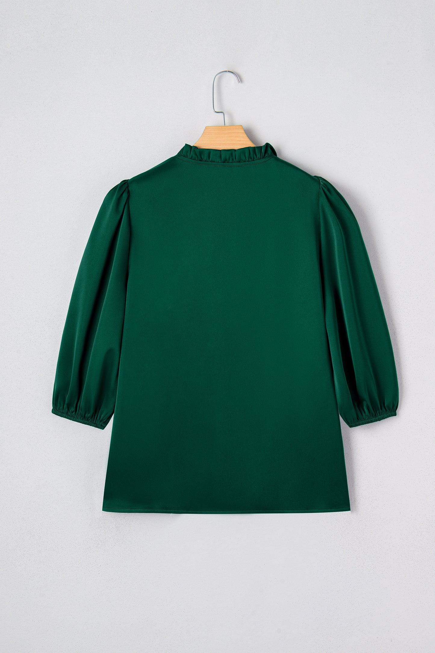 Blackish Green Solid Color Frilled V Neck Bow Detail 3/4 Sleeve Blouse