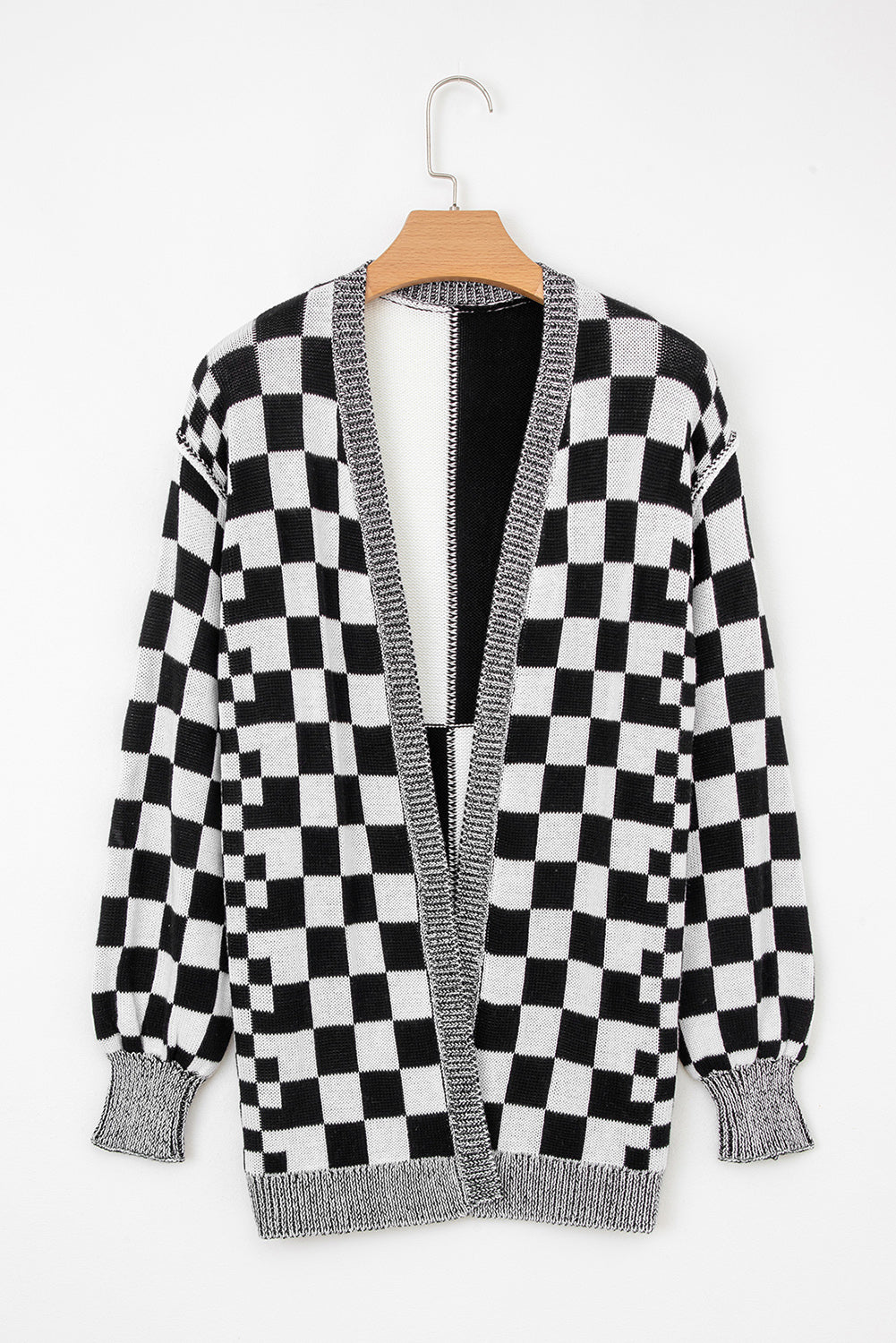 Black Checkered Open Front Drop Shoulder Cardigan