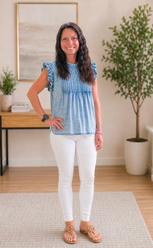 Beau Blue Ruffle Pleated Detail Vintage Washed Denim Top